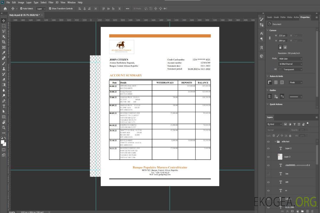 Relevé bancaire de la République Centrafricaine Banque Populaire Maroc Centrafricaine template